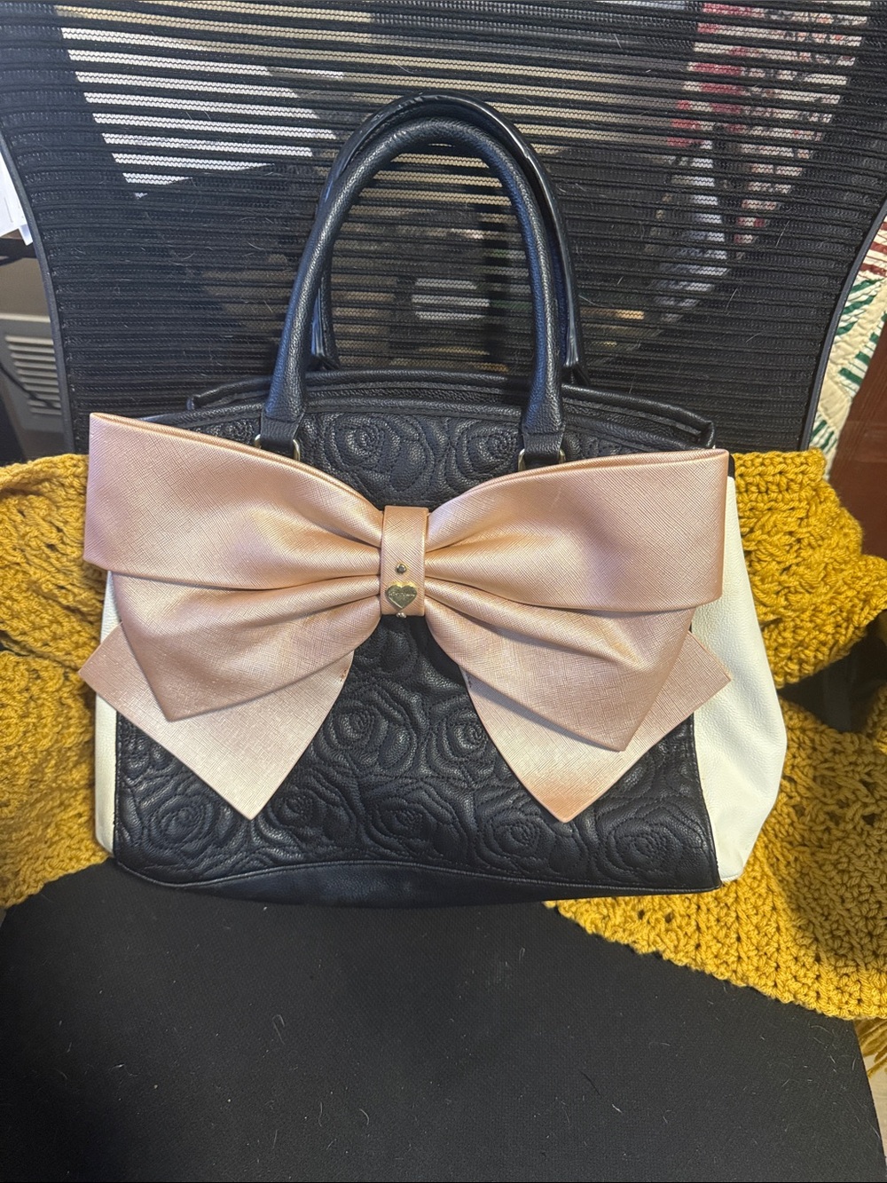 Black and Cream Tote Bag with Pink Bow Accent